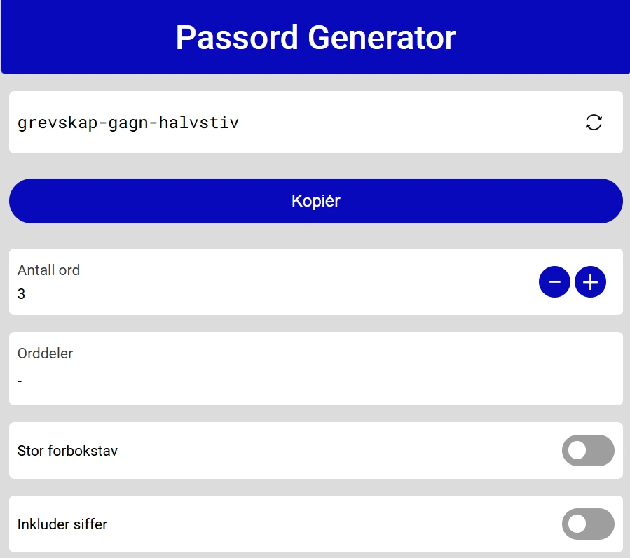 A picture of Vetles norwegian password generator app.